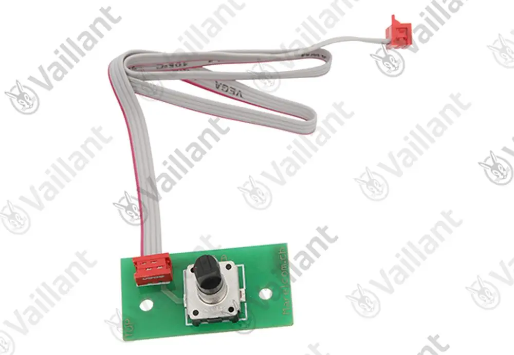 Vaillant Leiterplatte mit einem Encoder, verbunden über ein flaches Kabel mit einem roten Stecker. Die Schaltung ist auf einer grünen Platine montiert.